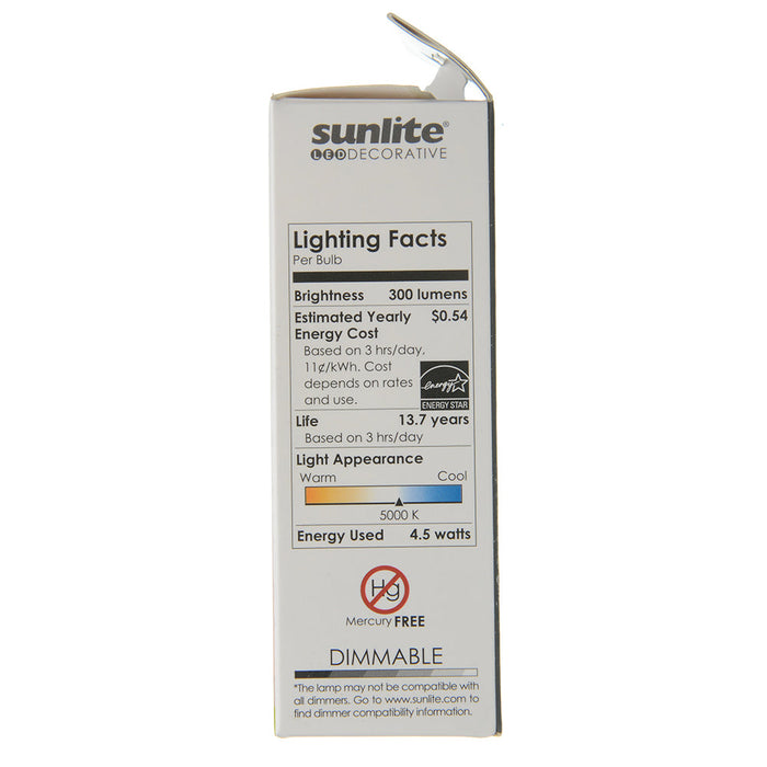 Sunlite CTC/LED/4.5W/50K 5W LED B11 Bulb 300Lm Super White 5000K Candelabra E12 Base (80777-SU)