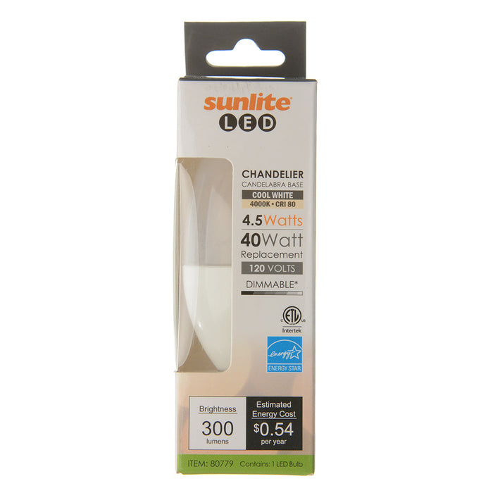Sunlite CTF/LED/4.5W/40K 5W LED B11 Bulb 300Lm Cool White 4000K Candelabra E12 Base (80779-SU)