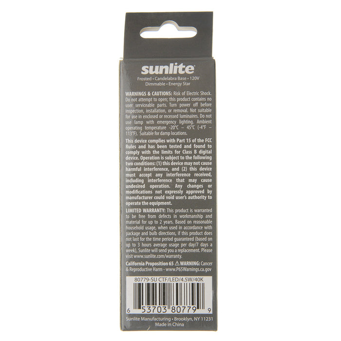 Sunlite CTF/LED/4.5W/40K 5W LED B11 Bulb 300Lm Cool White 4000K Candelabra E12 Base (80779-SU)