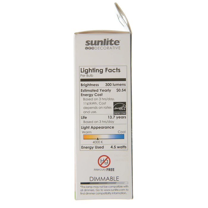 Sunlite CTF/LED/4.5W/40K 5W LED B11 Bulb 300Lm Cool White 4000K Candelabra E12 Base (80779-SU)