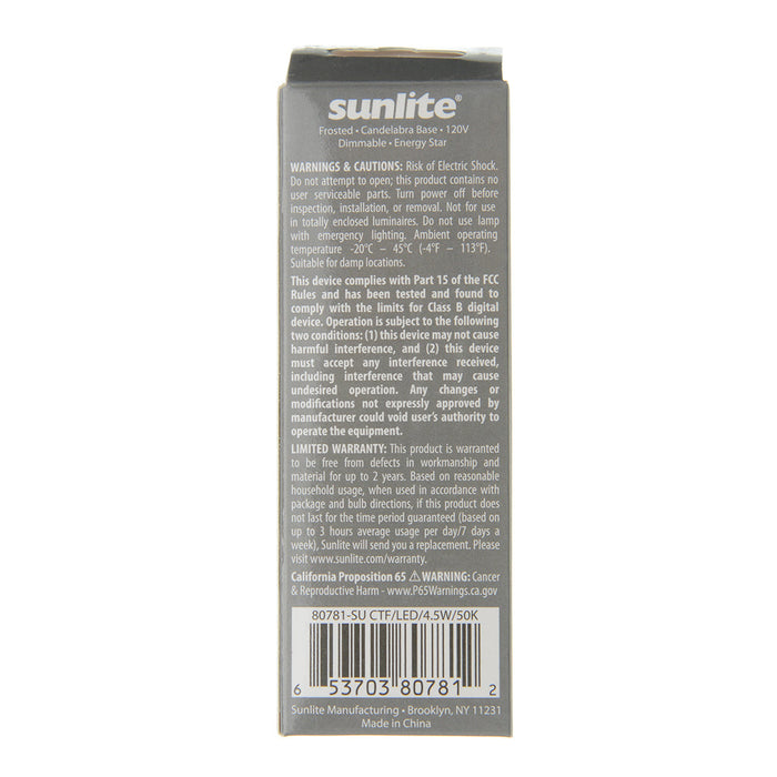 Sunlite CTF/LED/4.5W/50K 5W LED B11 Bulb 300Lm Super White 5000K Candelabra E12 Base (80781-SU)