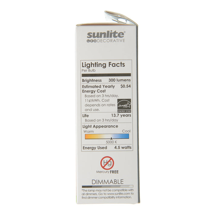Sunlite CTF/LED/4.5W/50K 5W LED B11 Bulb 300Lm Super White 5000K Candelabra E12 Base (80781-SU)