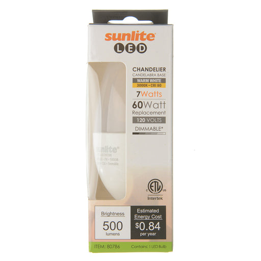 Sunlite CTF/LED/7W/30K 7W LED B11 Bulb 500Lm Warm White 3000K Candelabra E12 Base (80786-SU)