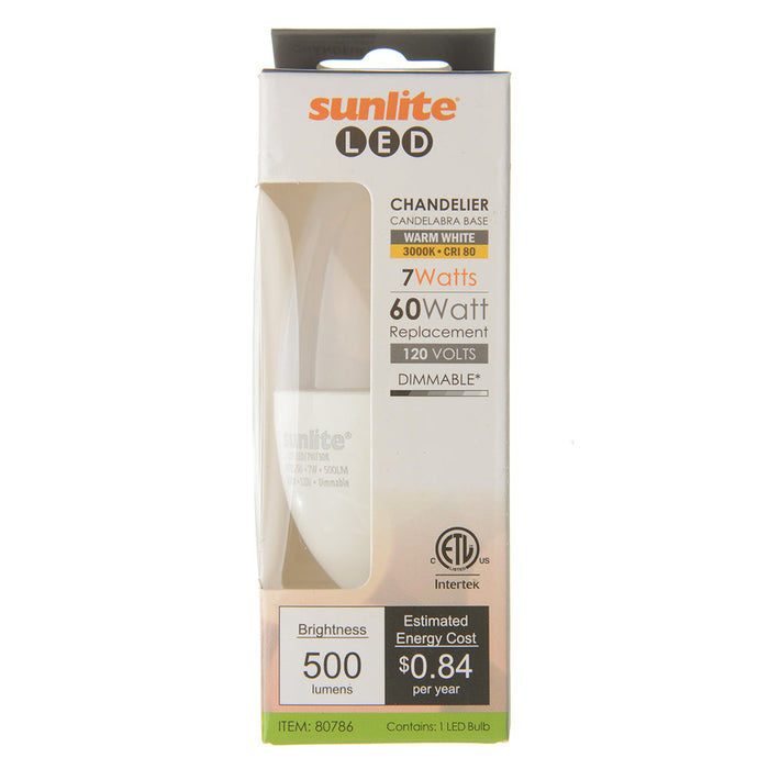 Sunlite CTF/LED/7W/30K 7W LED B11 Bulb 500Lm Warm White 3000K Candelabra E12 Base (80786-SU)
