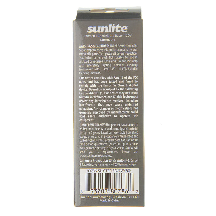 Sunlite CTF/LED/7W/30K 7W LED B11 Bulb 500Lm Warm White 3000K Candelabra E12 Base (80786-SU)