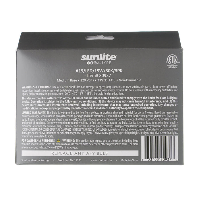 Sunlite A19/LED/14W/30K/3PK LED 3000K 120V 14W 1500Lm A19 Medium E26 Non-Dimmable Sold as 3-Pack (80937-SU)