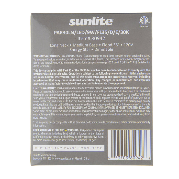 Sunlite LED PAR30 Bulb 10W 800Lm 3000K 120V E26 Base (80942-SU)