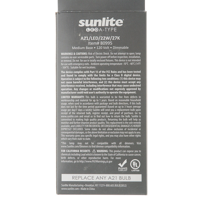 Sunlite A21/LED/18W/27K 18W LED A21 Household Bulb 2700K Soft White 2600Lm 120V 80 CRI Dimmable E26 Base (80995-SU)