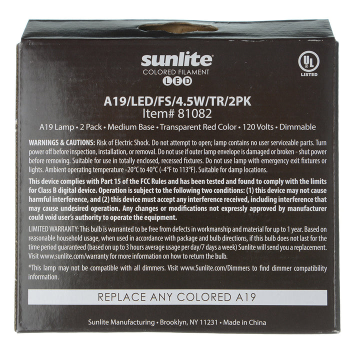 Sunlite A19/LED/FS/4.5W/TR Filament Style Party And Decorative (81082-SU)