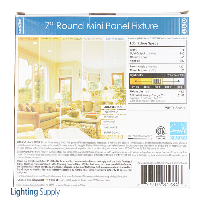 Sunlite LFX/MP/7R/15W/E/D/SCT/WH 15W 7 Inch Round LED Mini Flat Panel Fixture 3000K/4000K/5000K CCT Tunable White Finish (81284-SU)