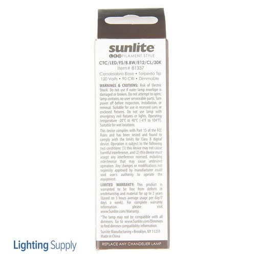 Sunlite CTC/LED/FS/8.8W/E12/CL/30K 8.8W LED B11 Bulb 800Lm Warm White 3000K Candelabra E12 Base (81337-SU)