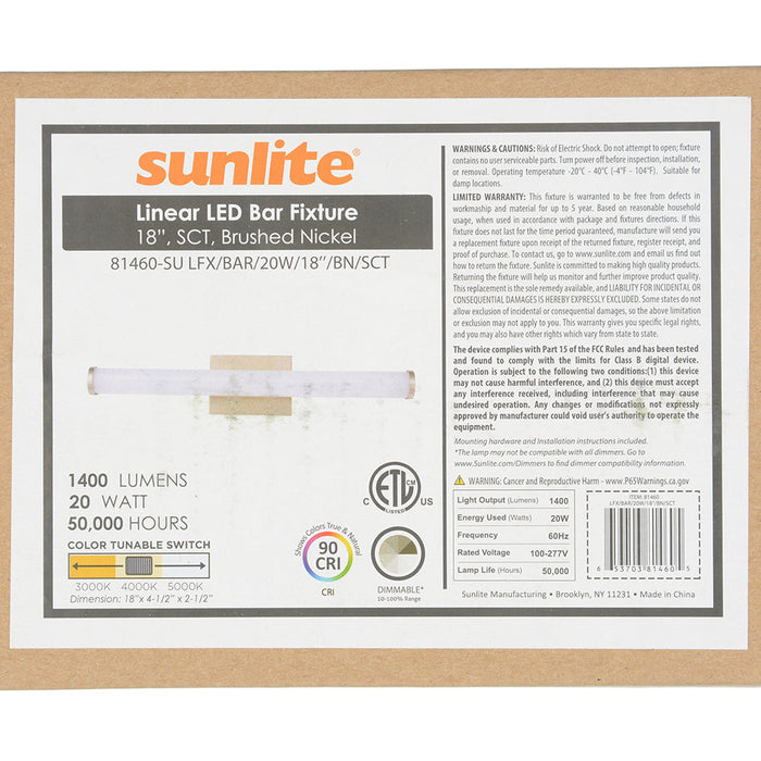 Sunlite LED Bar Fixture 20W 1400Lm 30K/40K/50K 100-277V 80 CRI Wall Mount Brushed Nickel (81460-SU)