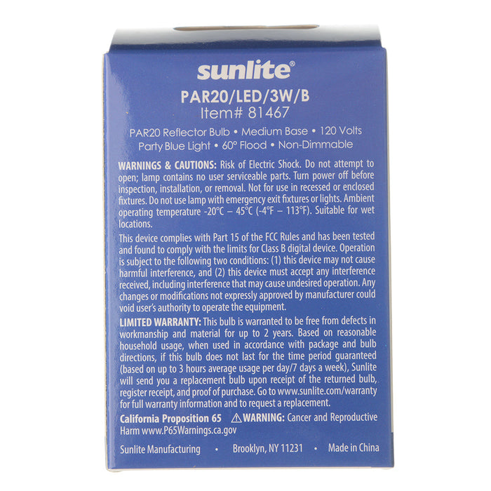 Sunlite LED PAR20 Bulb 3W 120V E26 Base Blue (81467-SU)