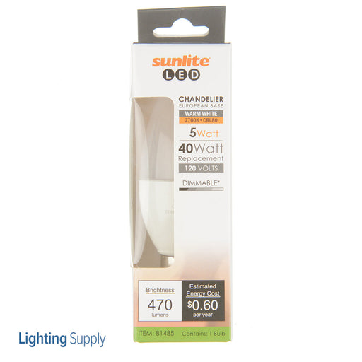 Sunlite CTF/LED/5W/E14/FR/27K 5W LED B10 Bulb 470Lm Warm White 2700K European E14 Base (81485-SU)