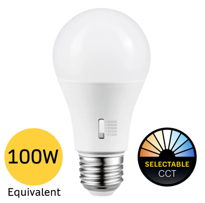 Halco 15A19-LED-9CS-E26-D-T20 LED A19 Lamp Medium E26 Base 15W CCT Selectable 2700K/3000K/3500K/4000K/5000K 120V Dimmable (83214)