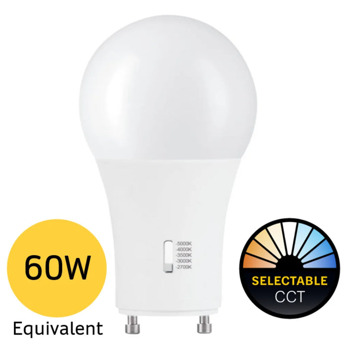 Halco 9A19-LED-9CS-GU24-D-T20 LED A19 Lamp GU24 Base 9W CCT Selectable 2700K/3000K/3500K/4000K/5000K 120V Dimmable (83215)