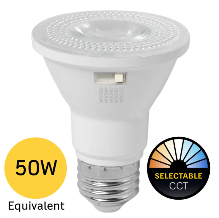 Halco 7PAR20-FL-LED-9CS-D-T20 LED PAR20 Flood 7W E26 Base CCT Selectable 2700K/3000K/3500K/4000K/5000K 550Lm 40 Degree Beam Dimmable 90 CRI 120V (83217)