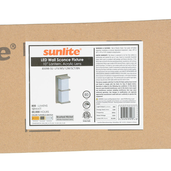 Sunlite LFX/WS/12W/SCT/BN 12W LED Rectangle Wall Sconce With Horizontal Bands CCT Selectable 3000K/4000K/5000K 800Lm 120V Dimmable Brushed Nickel (85098-SU)