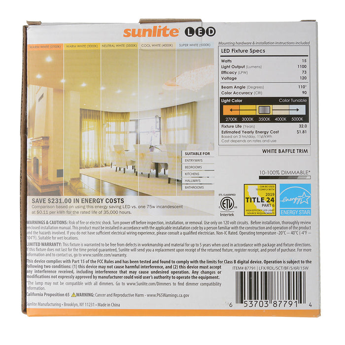 Sunlite LFX/RDL/SCT/BF/5/6R/14W 15W LED Baffle Retrofit CCT Selectable 2700K/3000K/3500K/4000K/5000K 1100Lm White (87791-SU)