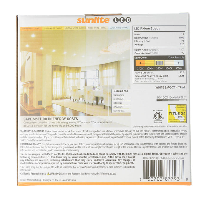 Sunlite LFX/RDL/SCT/5/6R/14W 15W LED Retrofit CCT Selectable 2700K/3000K/3500K/4000K/5000K 1100Lm White (87793-SU)