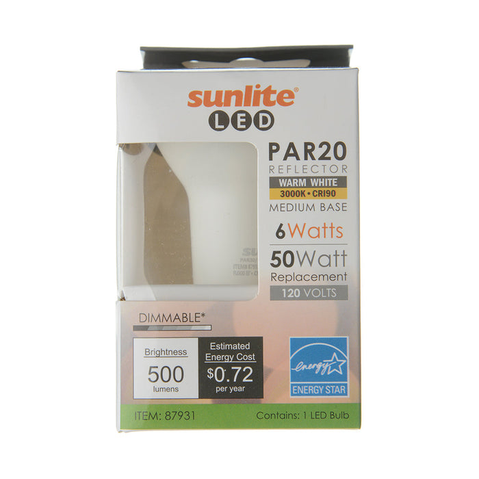 Sunlite PAR20/LED/8W/CRI90/30K 8W LED PAR20 Bulb 500Lm Warm White 3000K Medium E26 Base (87931-SU)
