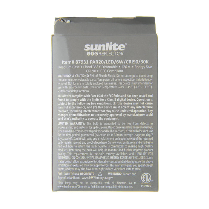 Sunlite PAR20/LED/8W/CRI90/30K 8W LED PAR20 Bulb 500Lm Warm White 3000K Medium E26 Base (87931-SU)