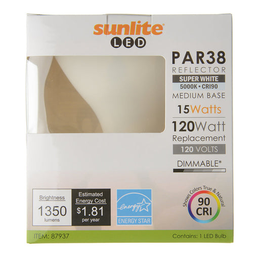 Sunlite PAR38/LED/15W/CRI90/50K 15W LED PAR38 Bulb 1200Lm Super White 5000K Medium E26 Base (87937-SU)