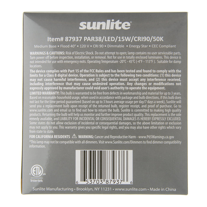 Sunlite PAR38/LED/15W/CRI90/50K 15W LED PAR38 Bulb 1200Lm Super White 5000K Medium E26 Base (87937-SU)