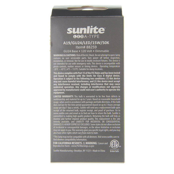 Sunlite A19/GU24/LED/14W/50K 14W LED A19 Bulb 1500Lm Super White 5000K GU24 Base (88259-SU)