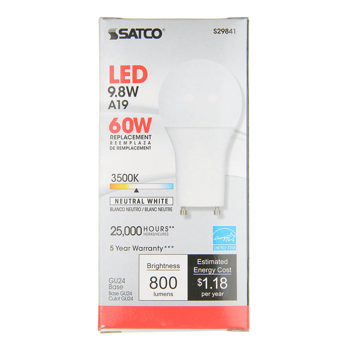 SATCO/NUVO 9.8A19/OMNI/220/LED/35K/GU24 9.8W A19 LED 3500K GU24 Base 220 Degree Beam Spread 120V (S29841)