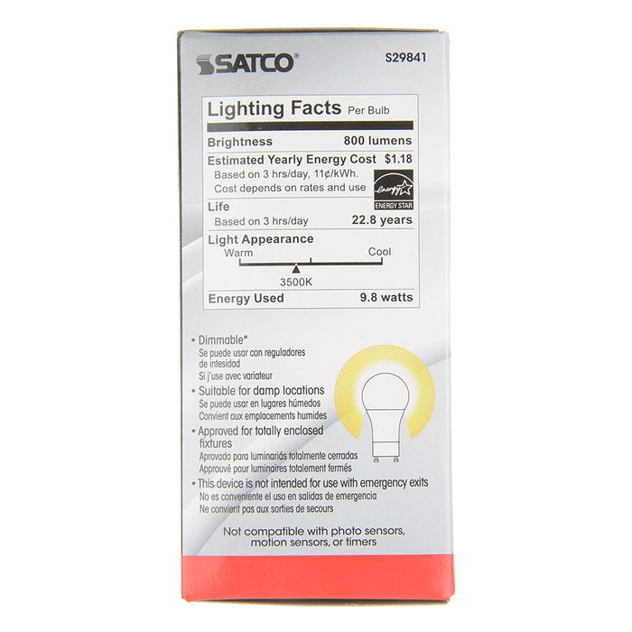 SATCO/NUVO 9.8A19/OMNI/220/LED/35K/GU24 9.8W A19 LED 3500K GU24 Base 220 Degree Beam Spread 120V (S29841)