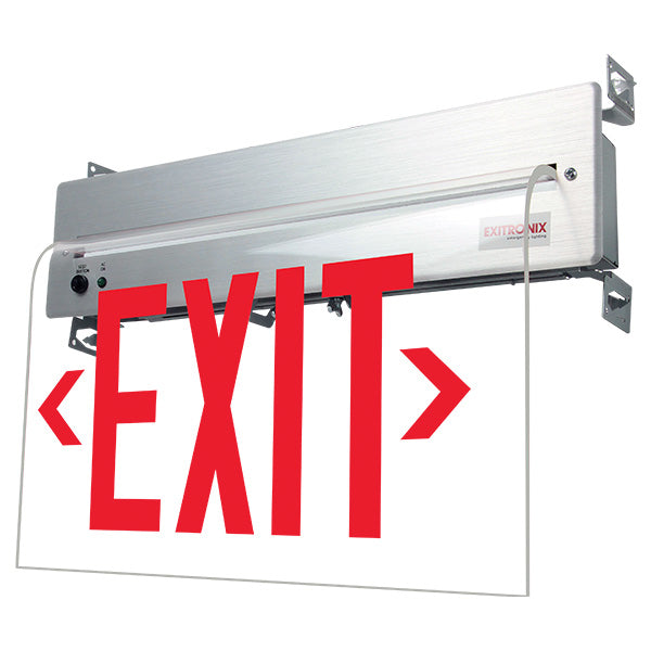 Exitronix LED Edge-Lit Exit Sign Single Face Wall Recessed Mount NiMH Battery Red Letters/Clear Panel Universal Chevrons Brushed Aluminum Finish Self-Test/Self-Diagnostics 120V/230V-50/60Hz (902E-WR-WB-RC-BA-G2-230V)