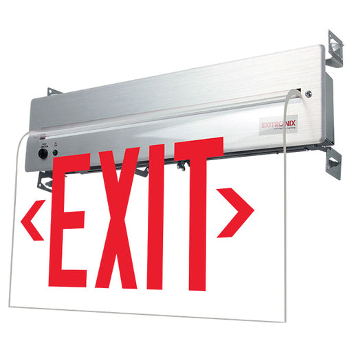 Exitronix LED Edge-Lit Exit Sign Inverted Single Face Wall Recessed Mount Sealed Lead Acid Battery Red Letters/Clear Panel Universal Chevrons White Finish (902E-WR-WB-RC-WH-IV)