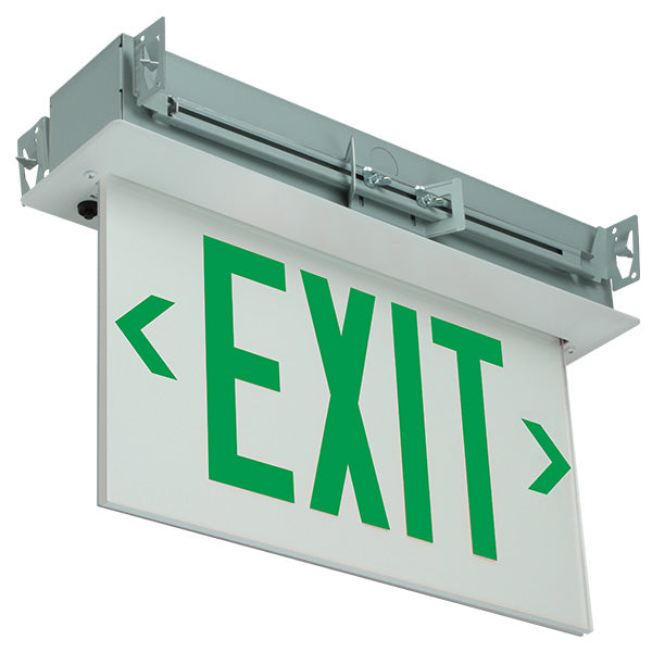 Exitronix LED Edge-Lit Exit Sign Double Face Recessed Mount Sealed Lead Acid Battery Green Letters/White Panel Universal Chevrons Black Finish (903E-R-WB-GW-BL)