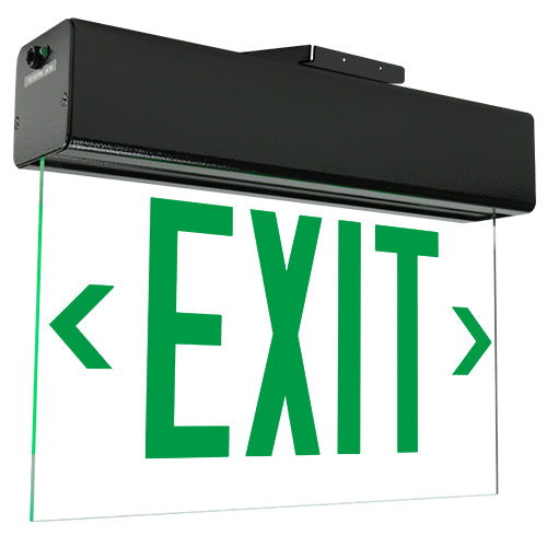 Exitronix LED Edge-Lit Exit Sign Inverted Single Face Universal Mounting Sealed Lead Acid Battery Green Letters/Clear Panel Universal Chevrons Black Finish (902E-U-WB-GC-BL-IV)