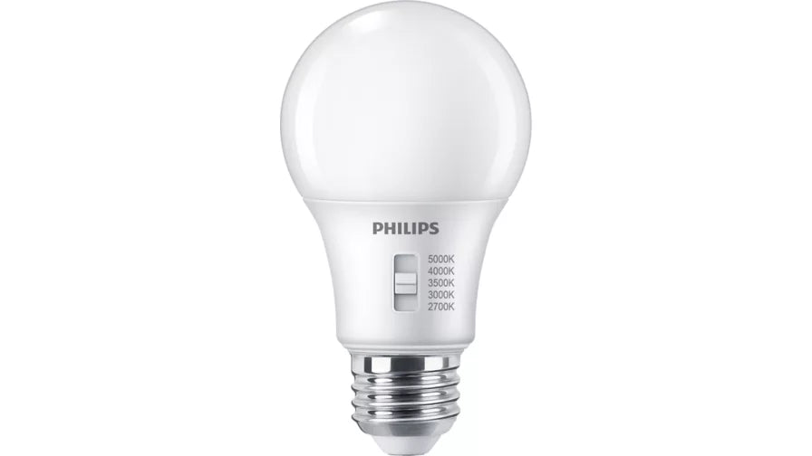 Philips 610857 8W LED A19 Bulb E26 Base 800Lm CCT Selectable 2700K/3000K/3500K/4000K/5000K 120V 90 CRI Frosted (#929003620334)