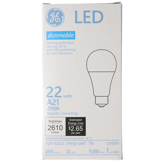 GE LED22DA21/827 22W LED A21 Lamp 120V 2610Lm 2700K 80 CRI Dimmable E26 Base White (93309224)