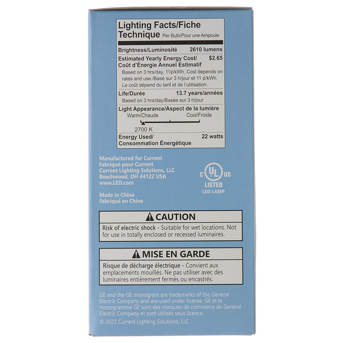 GE LED22DA21/827 22W LED A21 Lamp 120V 2610Lm 2700K 80 CRI Dimmable E26 Base White (93309224)
