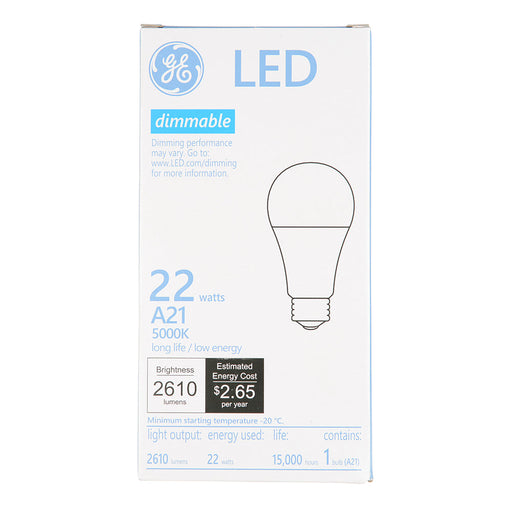GE LED22DA21/850 22W LED A21 Lamp 120V 2610Lm 5000K 80 CRI Dimmable E26 Base White (93309225)