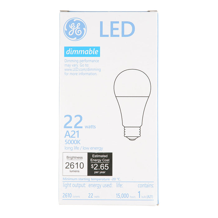 GE LED22DA21/850 22W LED A21 Lamp 120V 2610Lm 5000K 80 CRI Dimmable E26 Base White (93309225)