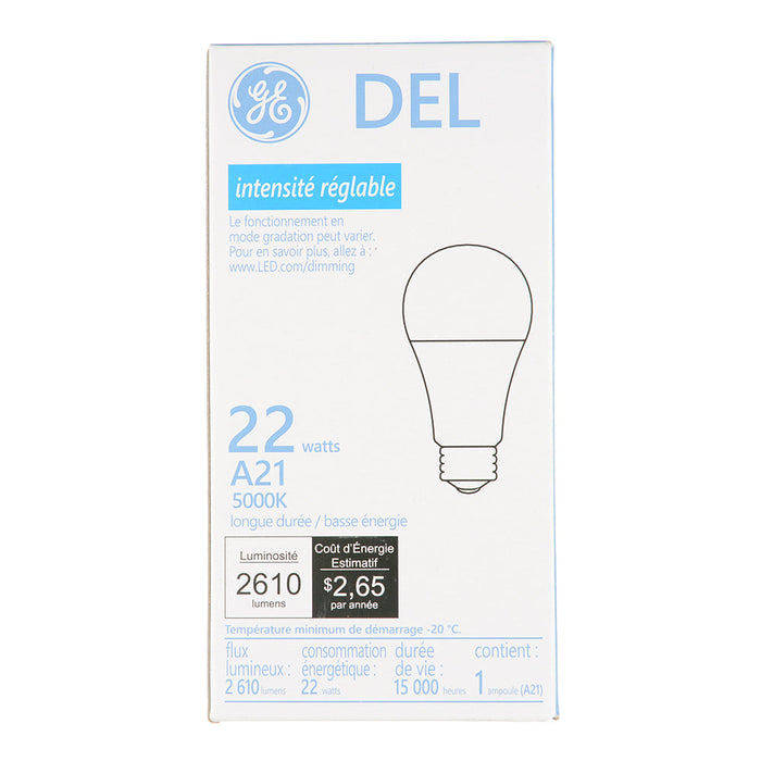 GE LED22DA21/850 22W LED A21 Lamp 120V 2610Lm 5000K 80 CRI Dimmable E26 Base White (93309225)