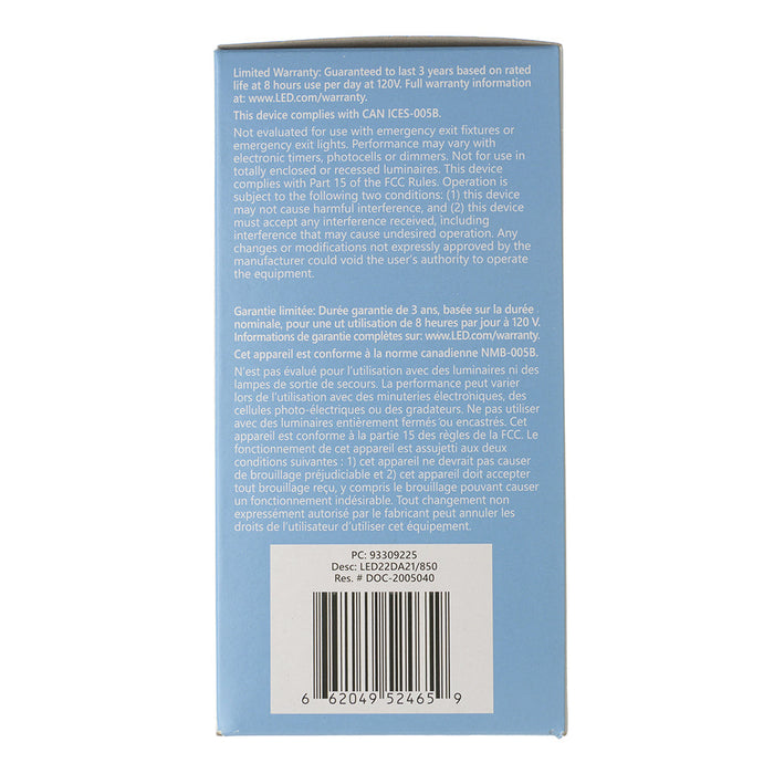 GE LED22DA21/850 22W LED A21 Lamp 120V 2610Lm 5000K 80 CRI Dimmable E26 Base White (93309225)