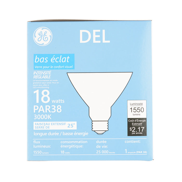 GE LED18DP38ROW930/25 18W LED PAR38 Directional Lamp 120V 1550Lm 3000K 90 CRI Dimmable 25 Degree Beam Angle E26 Base White Housing (93311931)