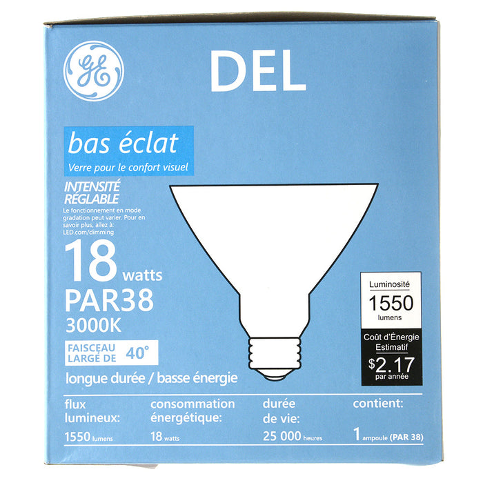GE LED18DP38ROW930/40 18W LED PAR38 Directional Lamp 120V 1550Lm 3000K 90 CRI Dimmable 40 Degree Beam Angle E26 Base White Housing (93311934)