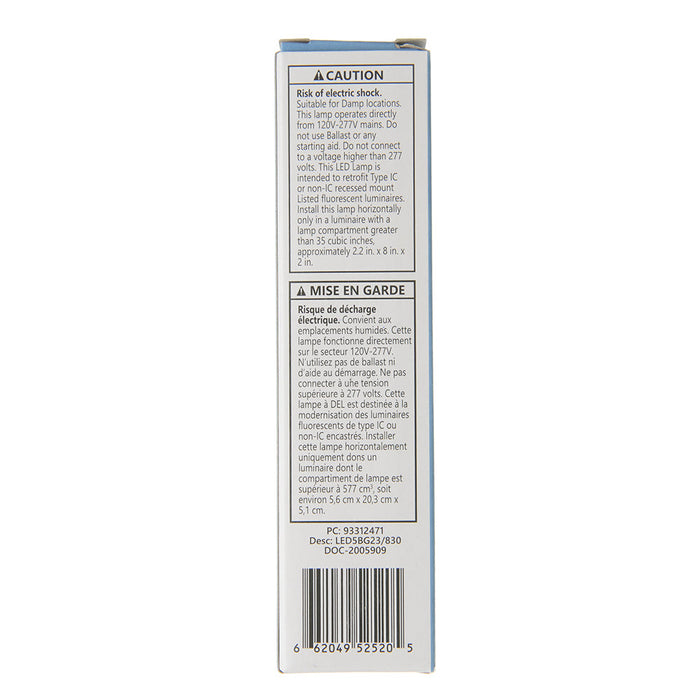 GE LED5BG23/830 5W LED Type B 2-Pin Plug-In Lamp 120-277V 500Lm 3000K 80 CRI G23 Base (93312471)