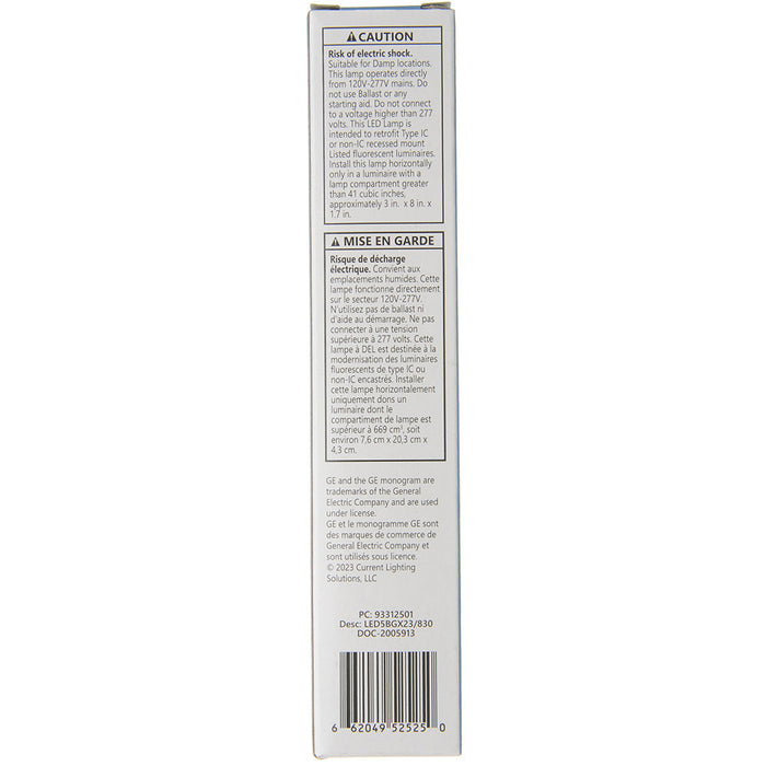 GE LED5BGX23/830 5W LED Type B 2-Pin Ballast Bypass Lamp 120-277V 500Lm 3000K 80 CRI GX23 Base (93312501)