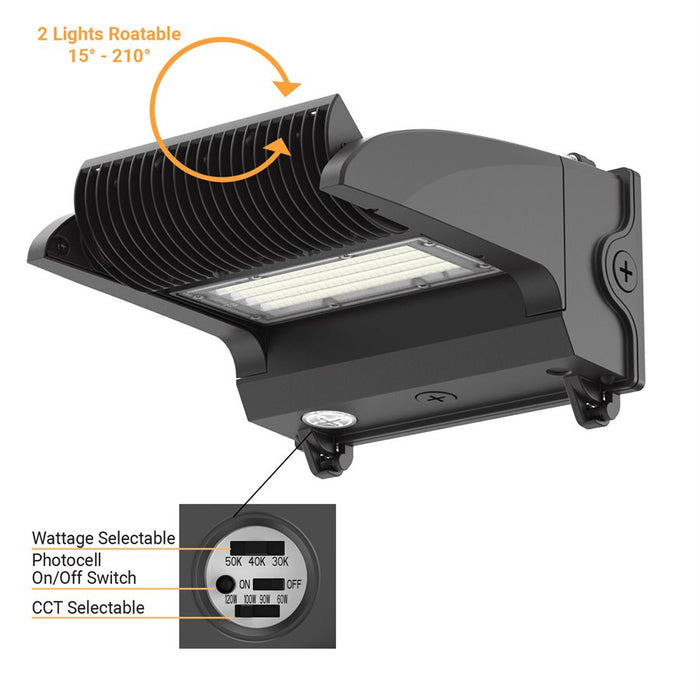 Sunlite LED Rotatable Wall Pack Wattage/CCT Selectable 40W/50W/60W/80W 3000K/4000K/5000K 120-277V 80 CRI Black (97096-SU)