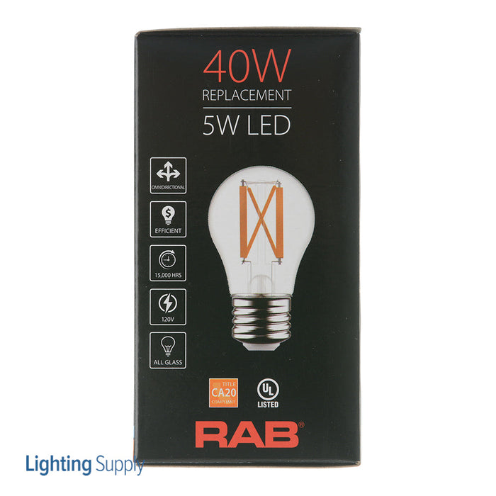 RAB LED Filament Lamp A15 5W 40W Equivalent 450Lm 2700K E26 Base 90 CRI Dimmable Clear (A15-5-E26-927-F-C)