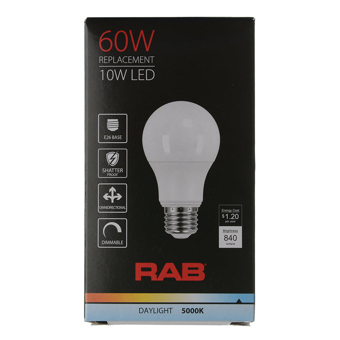 RAB LED Bulb A19 10W 60W Equivalent 840Lm E26 80 CRI 5000K Dimmable (A19-10-E26-850-DIM)