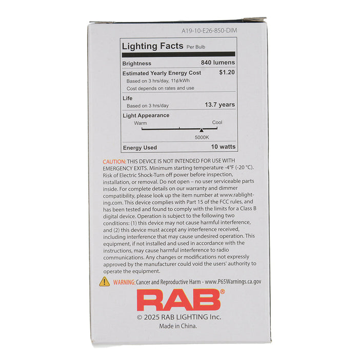 RAB LED Bulb A19 10W 60W Equivalent 840Lm E26 80 CRI 5000K Dimmable (A19-10-E26-850-DIM)